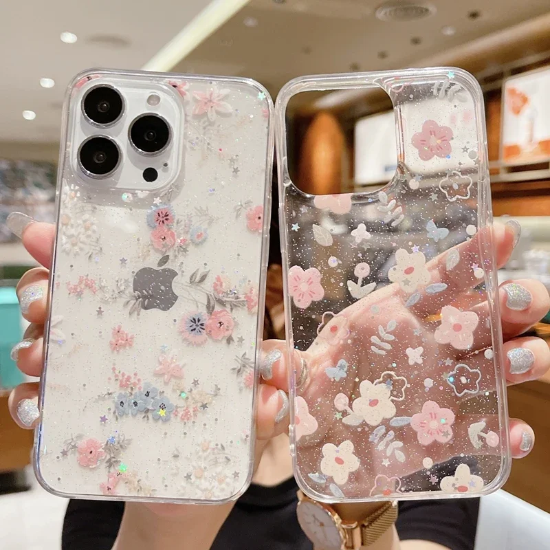 Shining Glitter Star Flowers Case For Iphone 14 13 12 11 Pro XS Max Mini X XR 7 8 Plus SE2