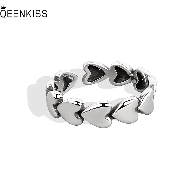 QEENKISS RG6300 2022 Fine Jewelry Wholesale Fashion  Woman Girl Birthday Wedding Gift Retro Heart 925 Sterling Silver Open Ring