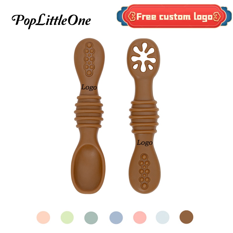 Customizable logo Baby Food Spoon Silicone Meal Spoon Soup Rice Porridge Spoon Hollow Wave Point Design Training Grip BPA Free