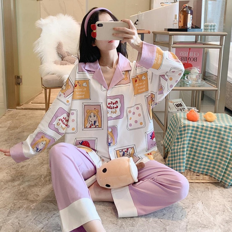 Women Pajamas Set 2 Pieces Long Sleeve Pijama Mujer Japan Anime Sailor Luna Girls Home Clothes Kawaii Femme Nightwear Sleepwear