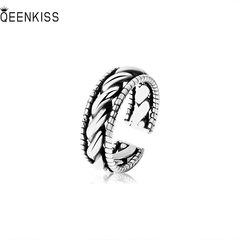 QEENKISS RG6312 2022 Fine Jewelry Wholesale Fashion  Woman Girl Birthday Wedding Gift Retro Twist 925 Sterling Silver Open Ring