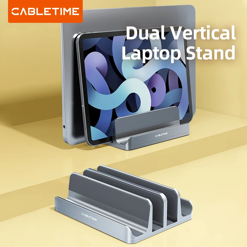 CABLETIME Dual Vertical Laptop Stand Anodized Aluminum Heat Dissipation Adjustable Size for MacBook