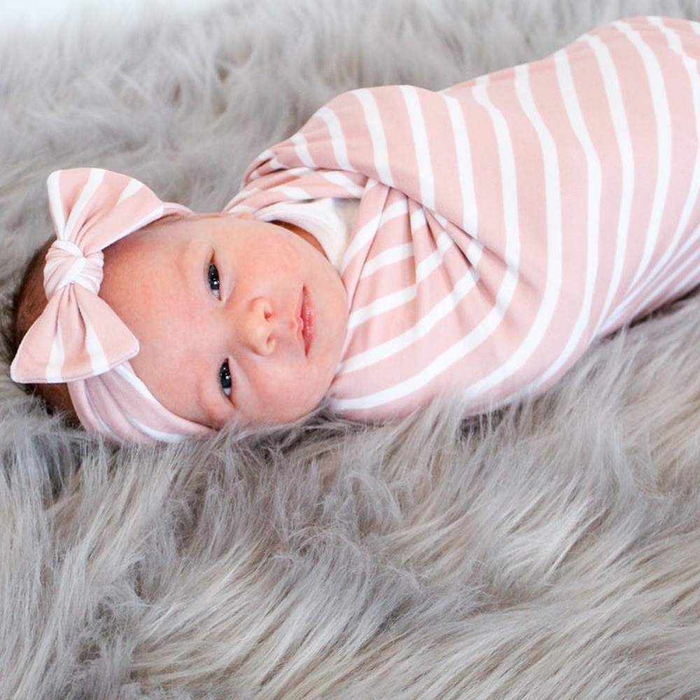 Fashion Striped Swaddle Blanket and Headband Two Piece Set Cute Knotted Elastic Hairband One Hundred Days Baby Photography Props