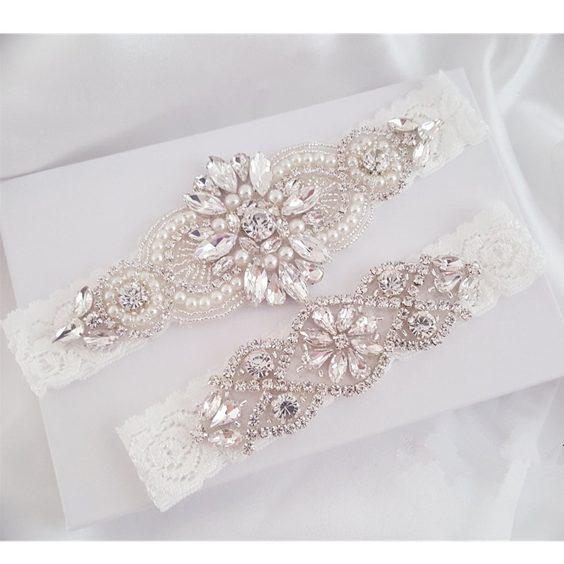 Wedding Bridal Garter Stretch Lace Bridal Garter Sets with Rhinestones Clear Crystal Pearl for Wedding Prom Bridesmaid Dress