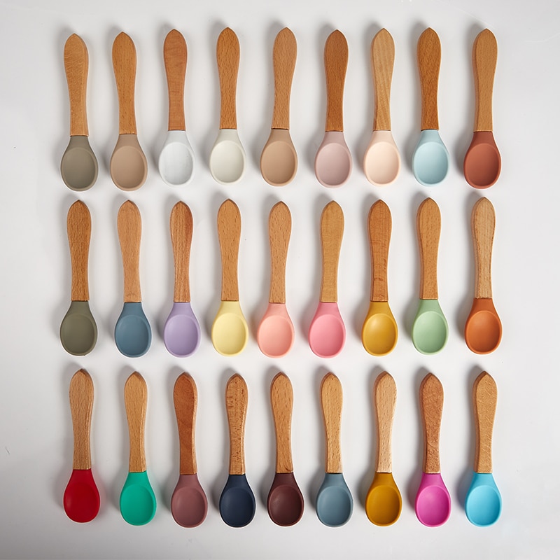 1pc Silicone Spoon Fork Baby Soft Utensils Safety Baby Learning Wood Non-Slip Spoon Children Kids Boy Girl Food Feeding Tool