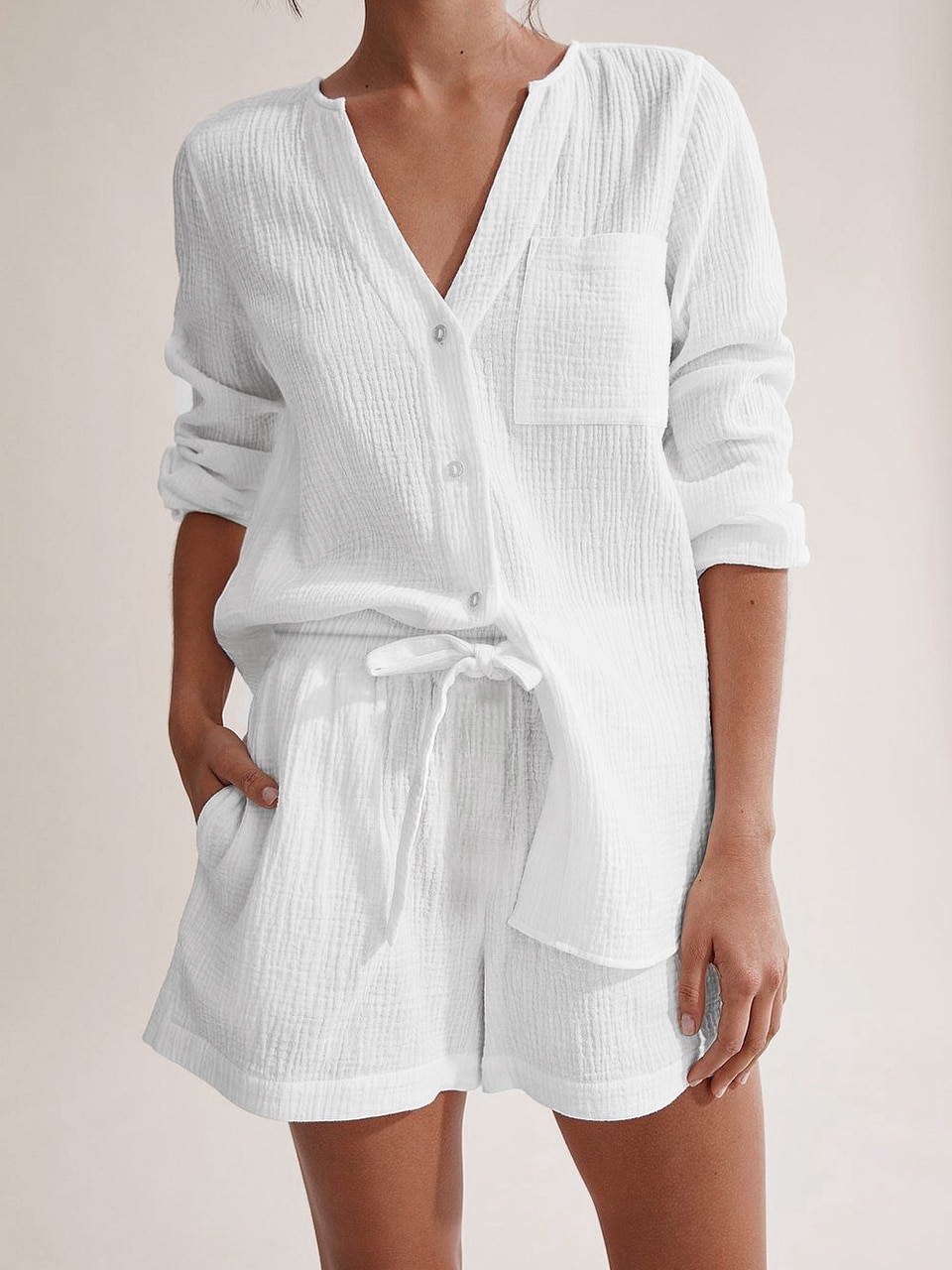100%Cotton Autumn Sleepwear Suits With Shorts Pijama Pocket Nightwear Single Breasted Women's Nightgown Full Sleeve Women P