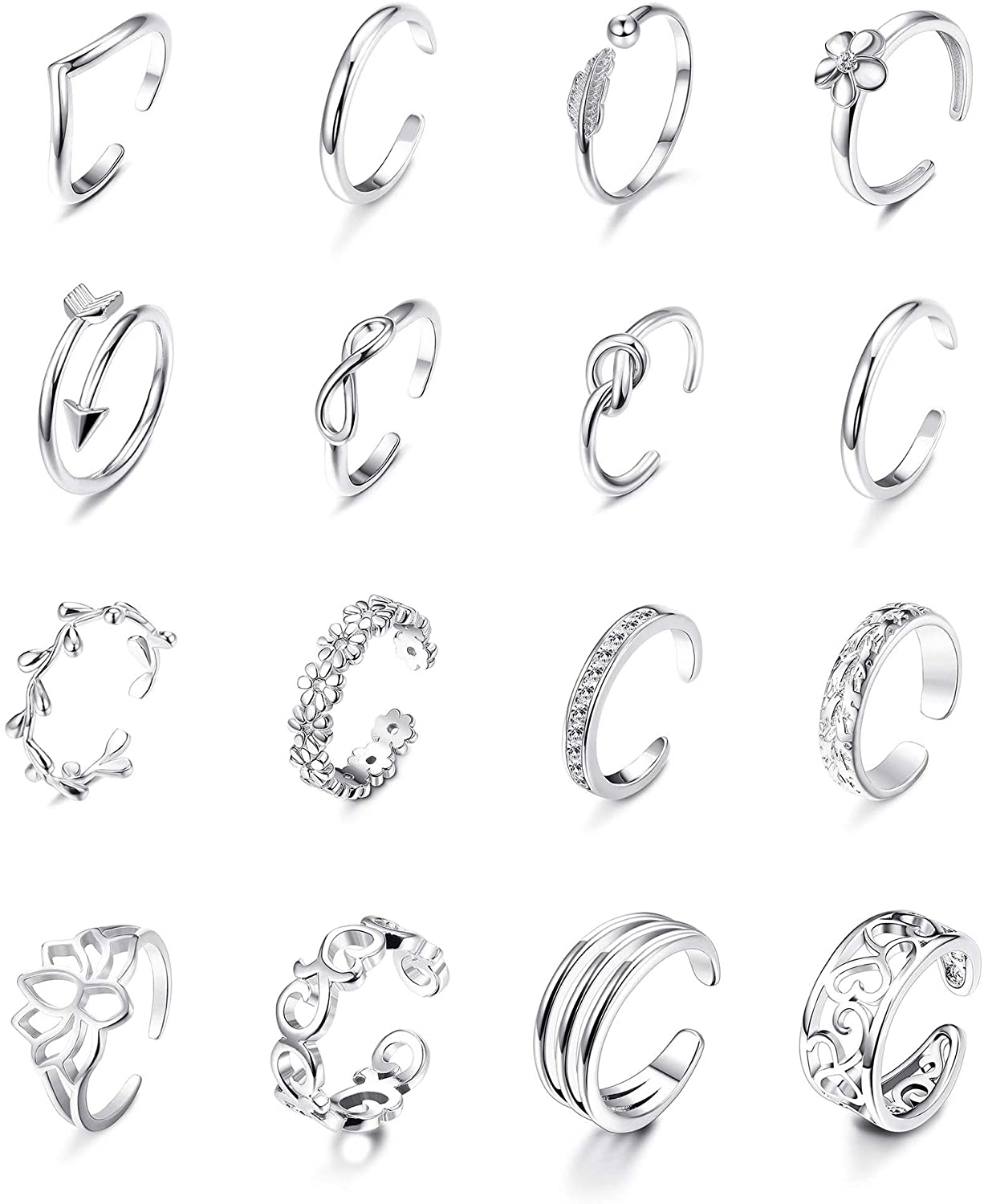 16Pcs Adjustable Toe Rings for Women Various Types Band Open Toe Ring Set Gold Silver Tone Hawaiian Foot Gift Jewelry