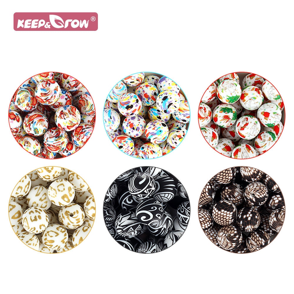 10pcs Silicone Baby Beads 12mm Print Tie Dye DIY Newborn Christmas Gift Pacifier Necklace Chain Baby Teething Teether Round Bead