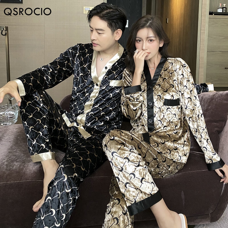 QSROCIO High Quality Women's Pajamas Set Velvet Sleepwear Moon Print Casual Homewear Men Nightwear Luxury Couple Pyjamas Fe