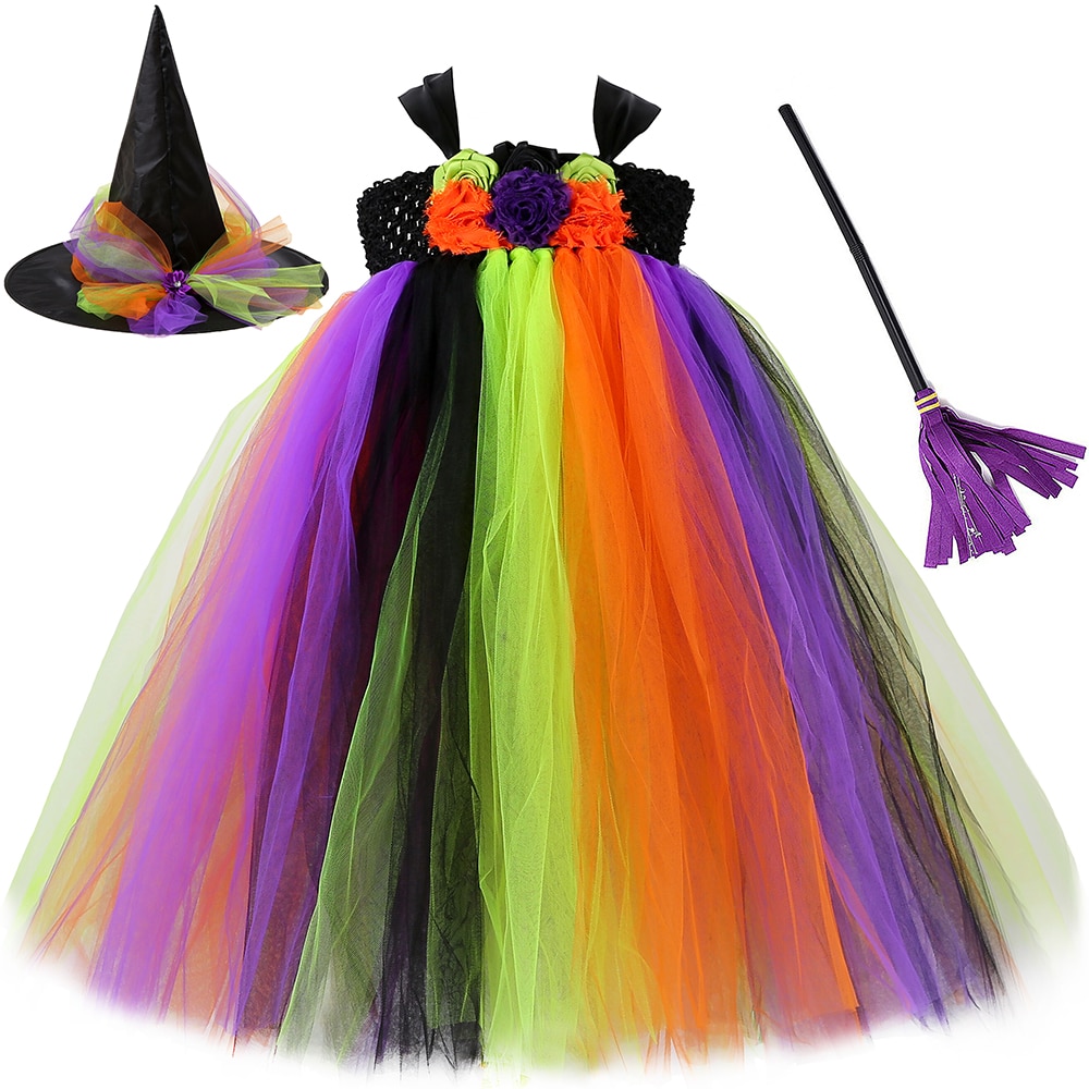 Girls Halloween Witch Tutu Dress Costume for Kids Carnival Party Cosplay Clothes Rainbow Tulle Children Fancy Ball Gown Dress