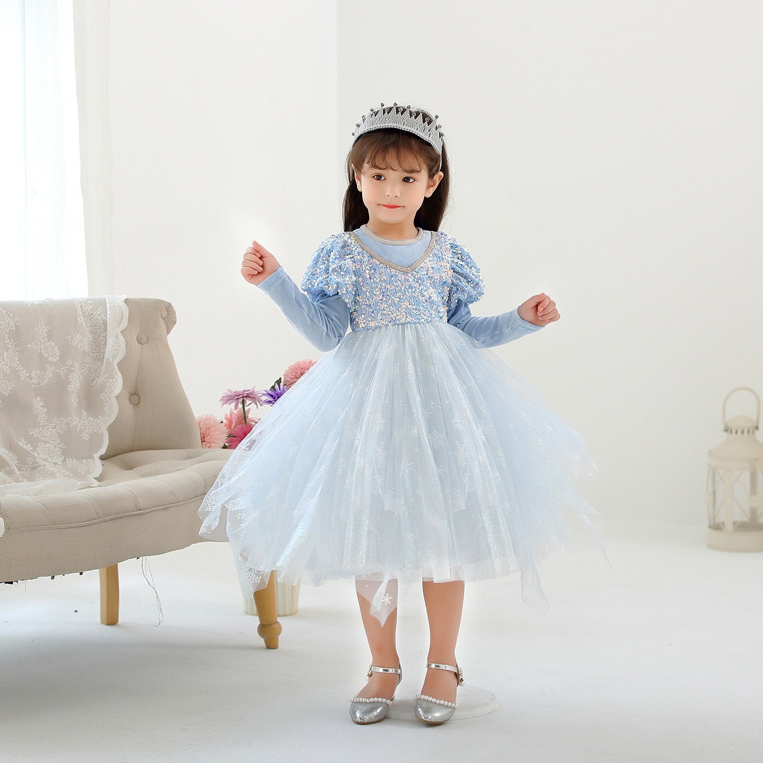 Autumn Winter Elsa Princess Dress Girls Blue Long Sleeve Sequin Tulle Ball Gown Dresses Christmas Costume Clothing