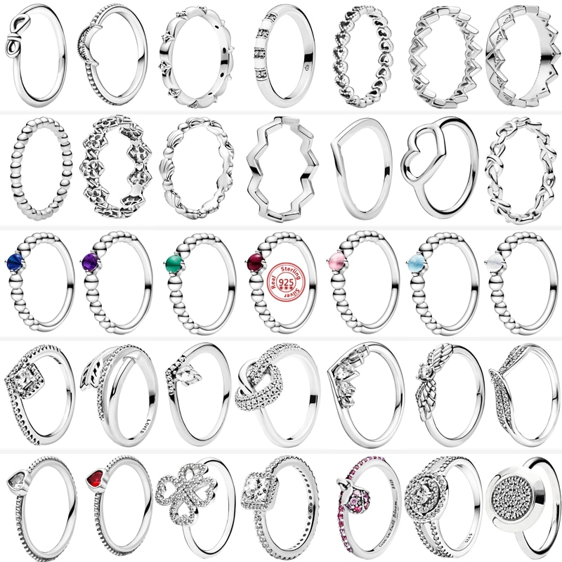 Hot Sale Silver Color Style Simple Classic Ring 925 Silver Flower Feather Heart Pavé Shiny Ring Fit Original Brand Charm Jewelry