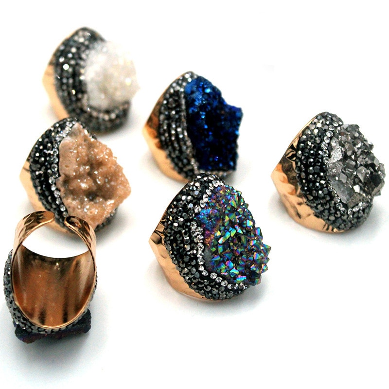 Natural Cluster Druzy Ring Shiny Color Women Adjustable Open Ring Punk Style Wide Size Orginal Stone