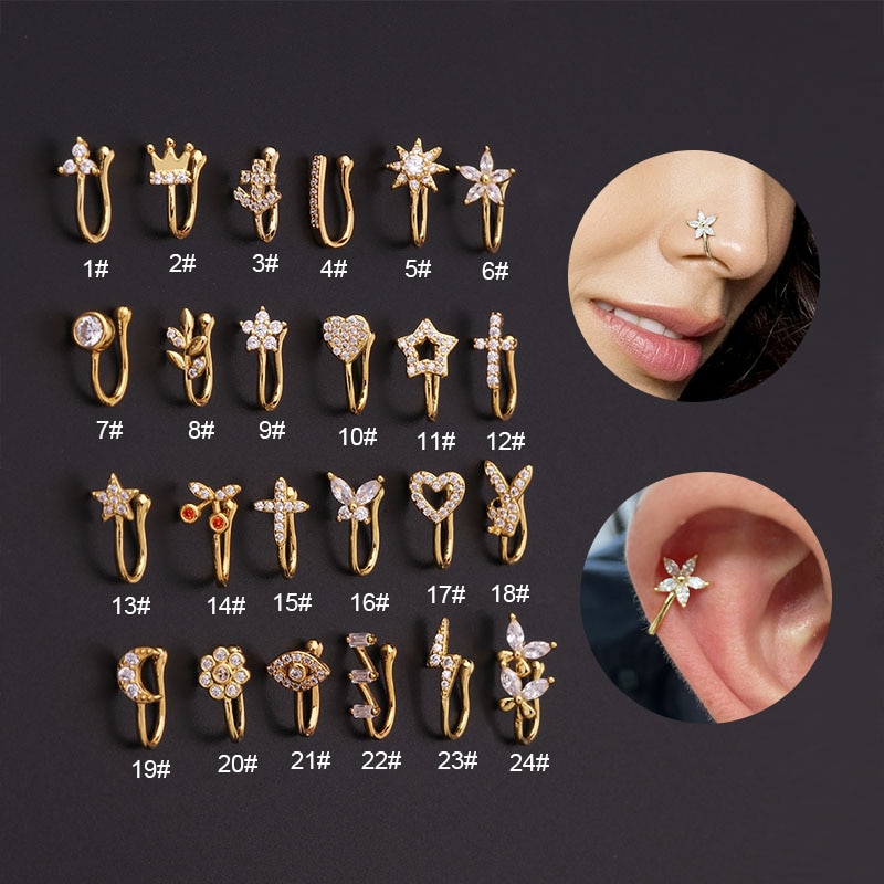1PC CZ Flower Ear Clip Piercing Earrings for Women Pierceless Fake Nose Ring Ear Cuff Conch Tragus Helix Cartilage Body Jewelry