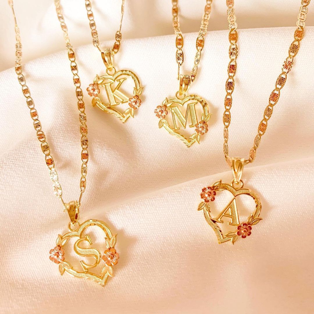 GOLD PLATED CUSTOMIZED HEART FLOWER INITIAL LETTER PENDANT WITH FIGARO CHAIN 24" 4MM Name Necklace Heart Valentines Day Gif