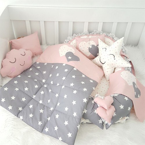Jaju Baby Handmade, Powder and Gray Star Design Orthopedic Lux Babynest 6 Pieces Set Mother Side Portable Baby Bed