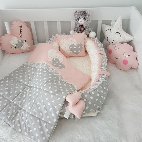 Jaju Baby Handmade Salmon Color and Gray Star Design Lux Orthopedic Babynest 5 Pieces Set Mother Side Portable Baby Bed