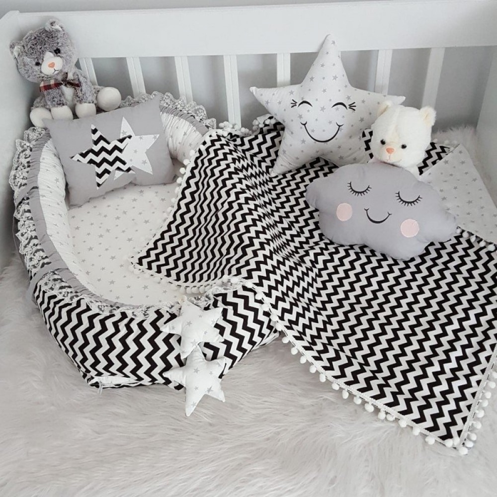 Jaju Baby Handmade, Babynest Gray and Black Zigzag, Pompom Pike Luxury Orthopedic Baby Nest and 5 Piece Bedding Set Mother Side