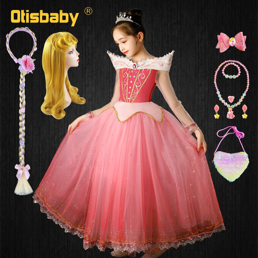 2022 New Halloween Child Aurora Dress Masquerade Princess Costume Evening Party Pink Luxurious Shoulderless Dresses for Girls