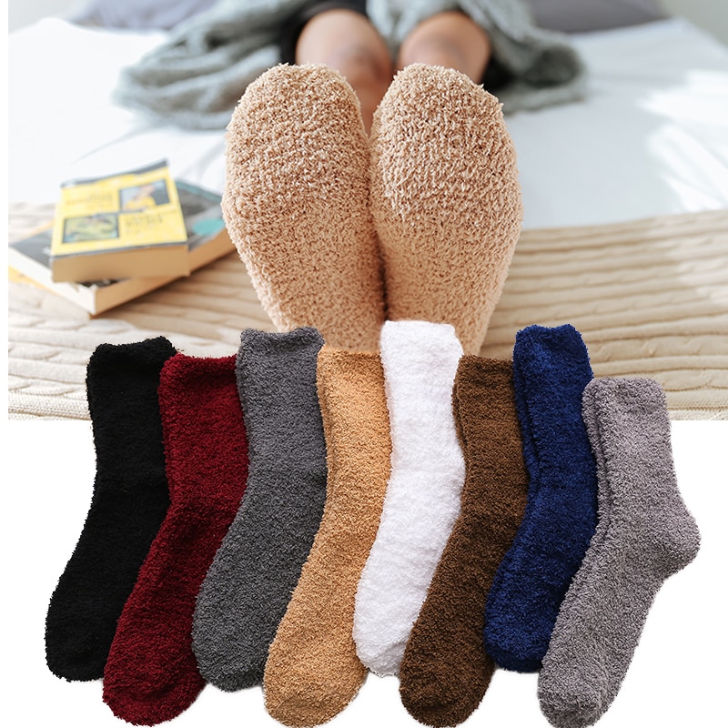 Men Winter Warm Fluffy Socks Solid Color Soft Coral Fleece Elastic Velvet Socks Indoor Floor Towel Socks Breathable Plush Socks