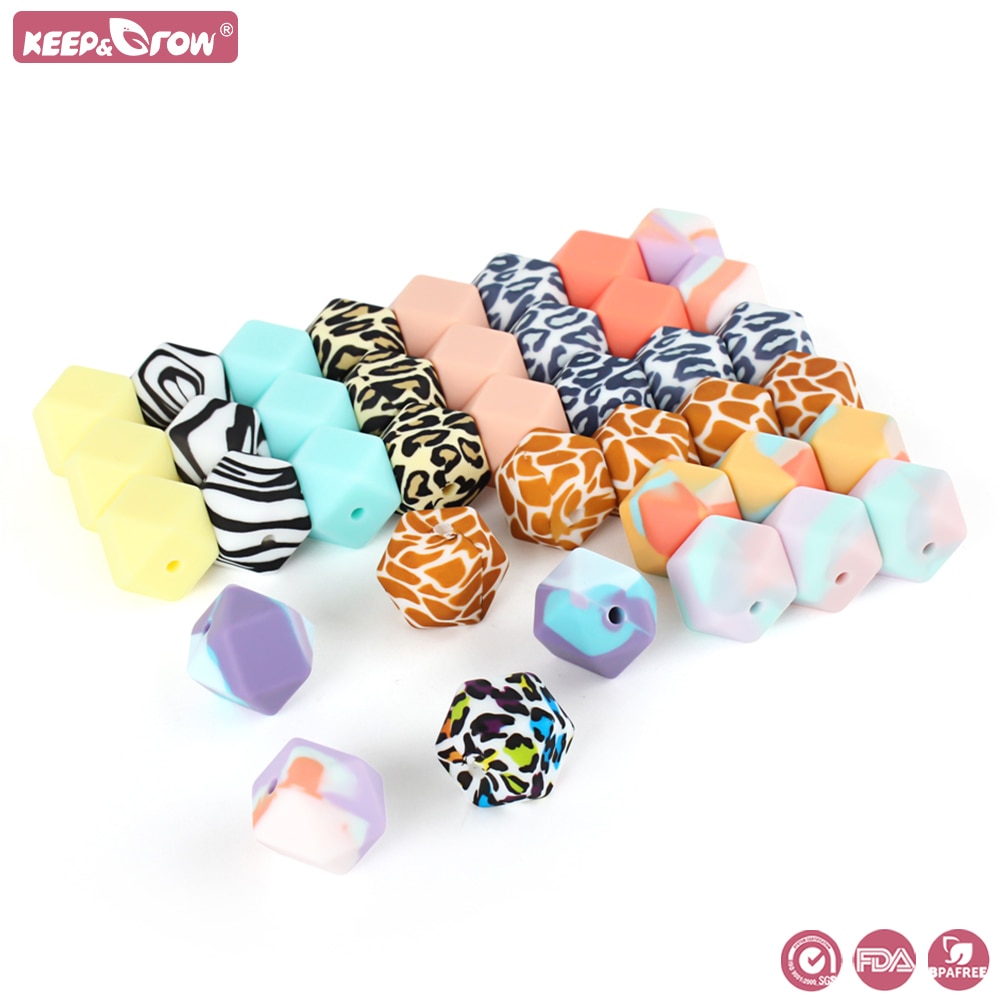 8pcs 14mm Hexagon Silicone Beads Leopard Print BPA Free DIY Necklace Pacifier Chain Baby Teether Care Infant Baby Teething Beads