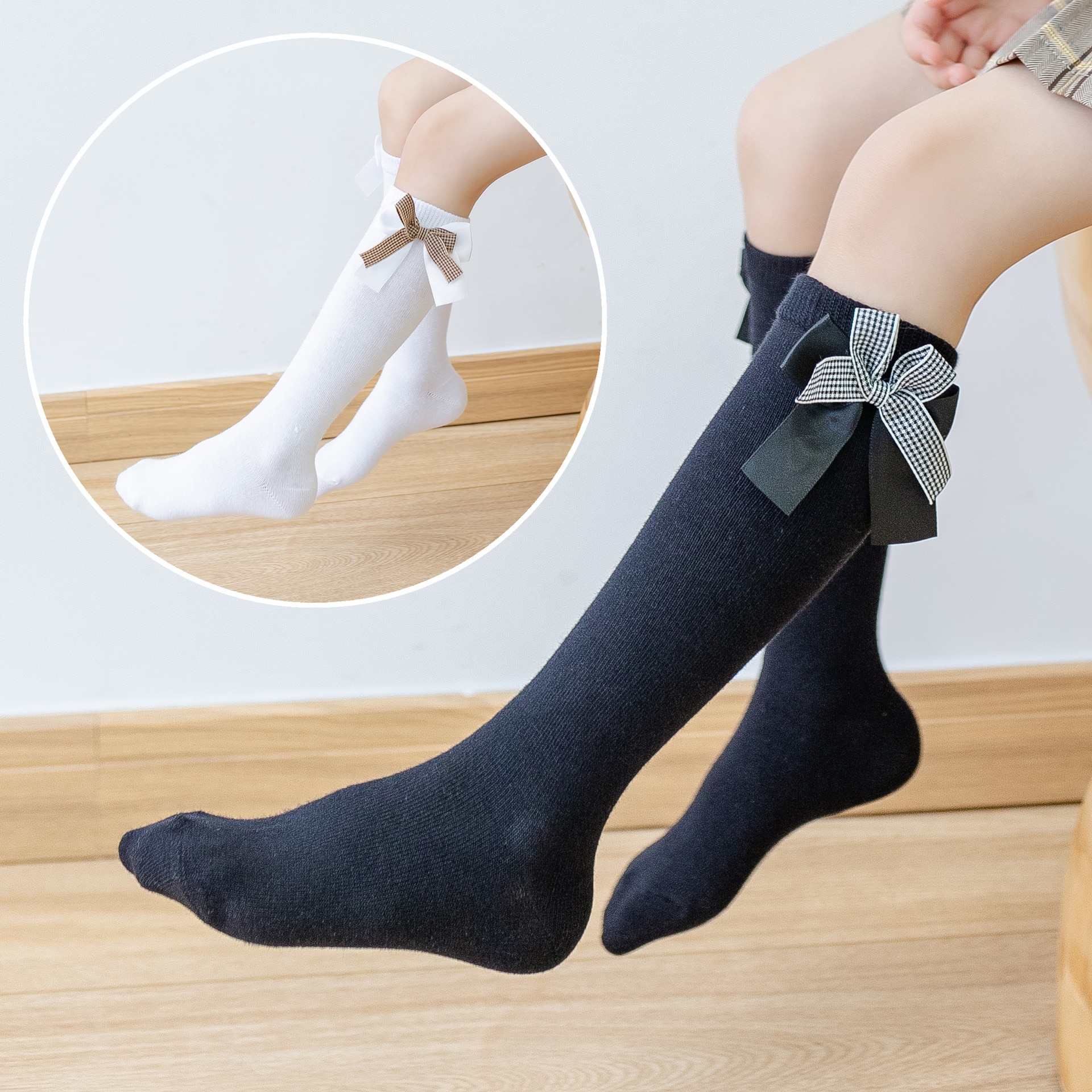 Girls Stockings Jk Calf Socks Black & White Bow Japanese Cute Stockings Uniform Half Medium High Tube Socks Student Knee Soc