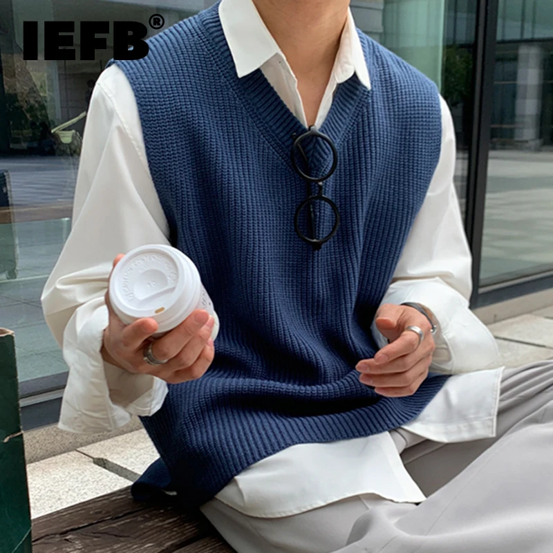 IEFB Korean Style Fashion Chic Solid Color Knitting Pullovers Top Men's Autumn 2023 New Loose V-neck