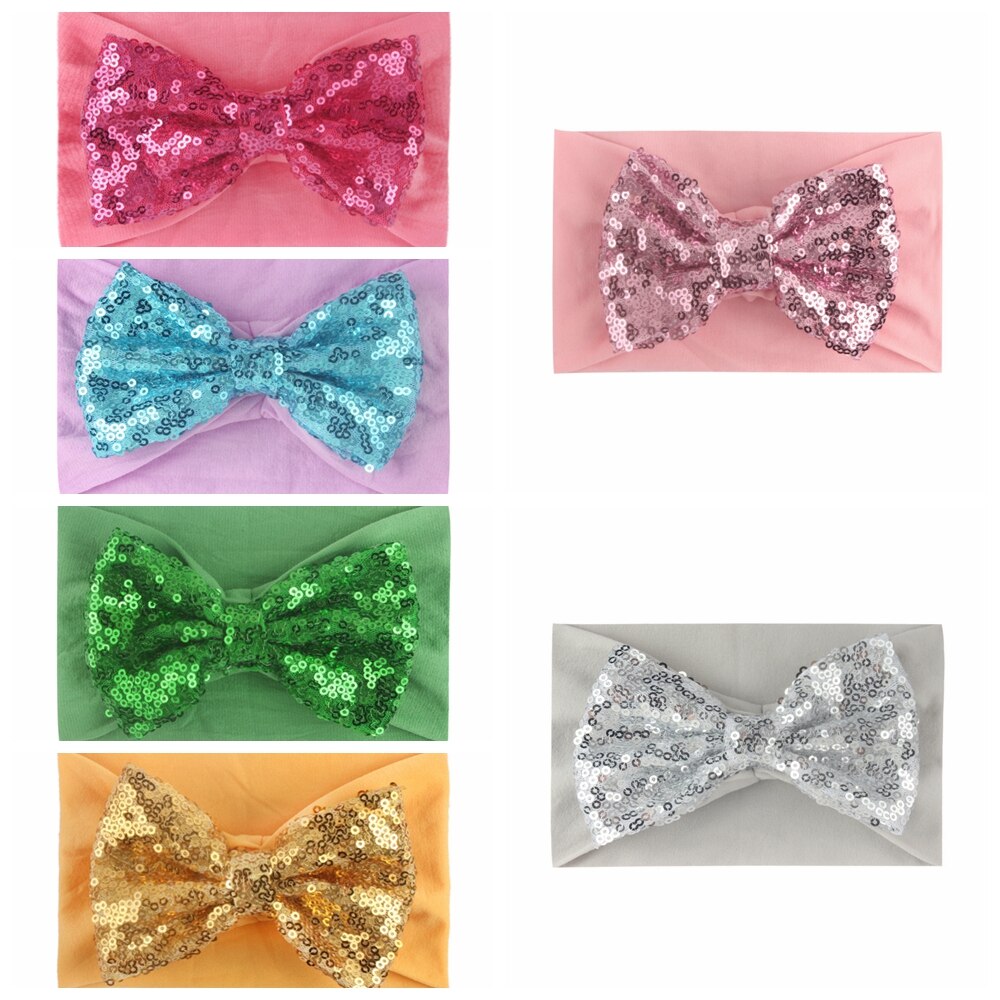 14*9 CM Soft Comfortable Nylon Wide Headband Shining Sequins Bowknot Baby Hairband Bows Headwear Hair Accessories Photo Props