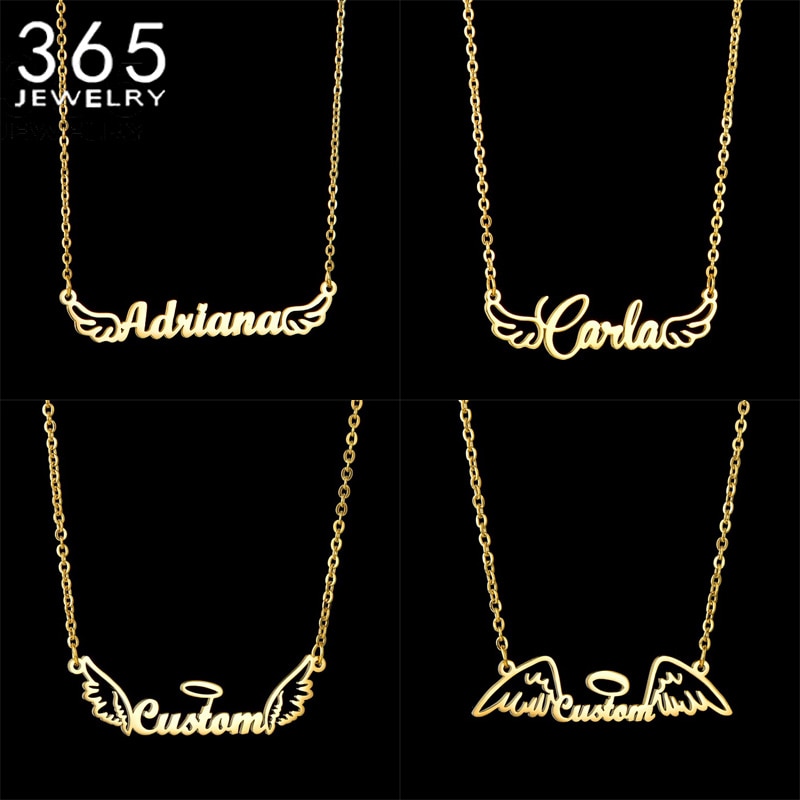Personalized Stainless Steel Trendy Necklace Angel Wings Stylish Nameplate Customized Choker For Girls Women Birthday Jewelry