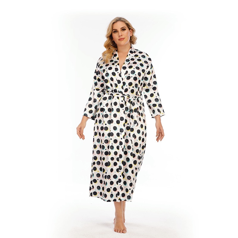 Plus Size Robes for Women Elegant Polka Dot Silk Cardigan V-neck Long-sleeved Home Wear Pajamas Tunics Sleepwear Autumn Winter