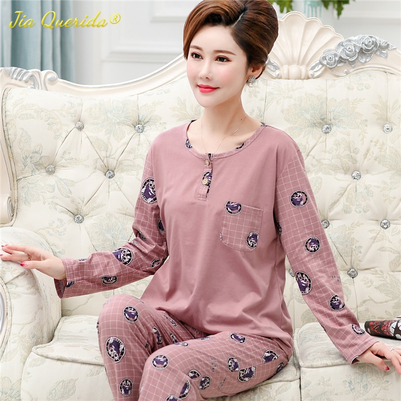 Big Size 4XL Retro Fashion Pajamas Set for Women Soft Cotton Round Neck Long Sleeve Loungewear for Woman Floral Pijamas for Lady
