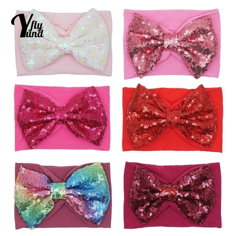 Yundfly Toddler Glitter Sequins Bows Elastic Hairband Infant Soft Comfortable Nylon Wide Headband Bows Headwear Christmas Gifts