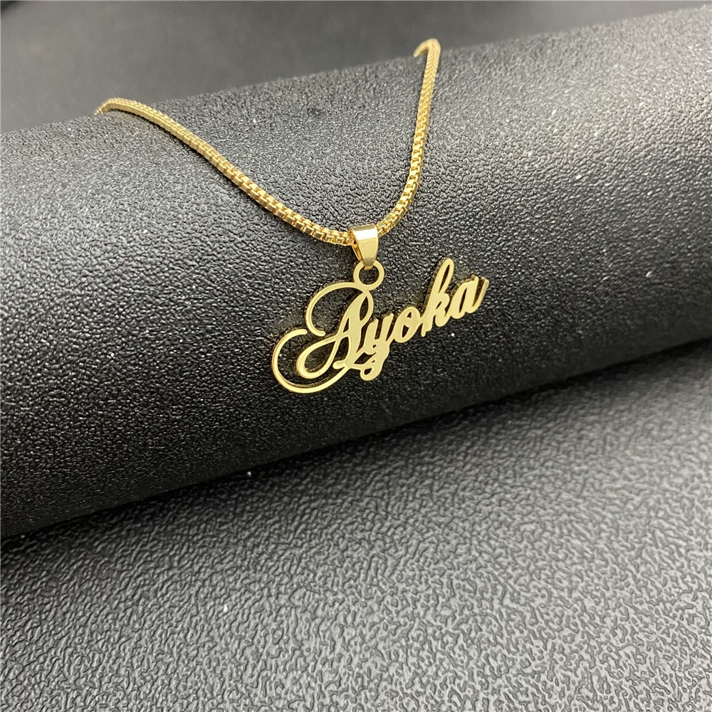 Customized Name Necklace for Men Personalized Gold Color Stainless Steel Box Chain Cursive Nameplate Pendant Necklace For Women