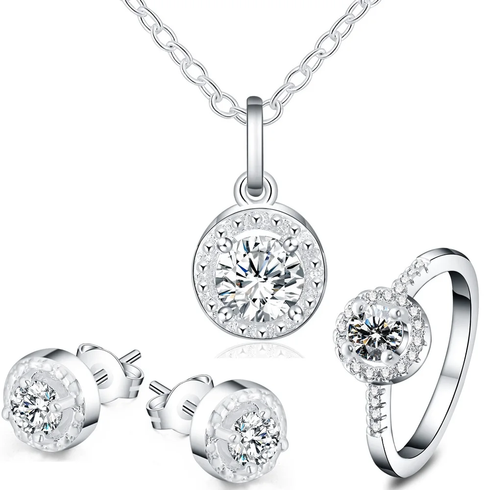 Hot trend 925 sterling Silver crystal pendant necklace earring ring for women Fashion Party wedding