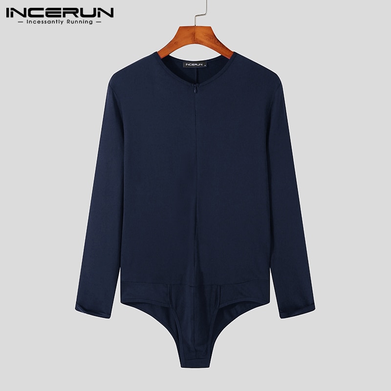 INCERUN Men Bodysuits Round Neck 2022 Long Sleeve Underwear Zipper Sexy Pajamas Rompers Skinny Solid Color Men Bodysuit S-5XL