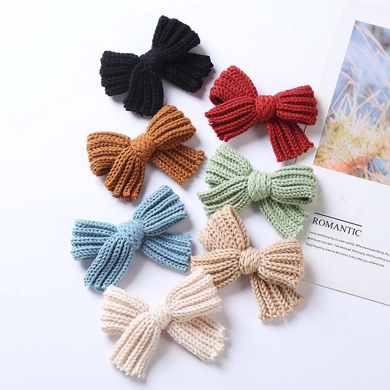 2PC INS Bow Hairpin For Girls Autumn Winter Knit Hair Clips Bows Girl Barrette Maca Color Pair Clip Hair Accessories 10.5*7 CM