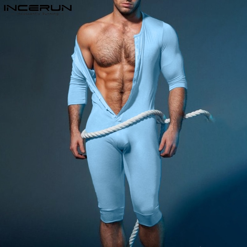INCERUN Comfortable Homewear Fashionable Casual New Men Onesies Sexy Leisure Solid Color Comfortable Sleeve Jumpsuit S-5XL 2022