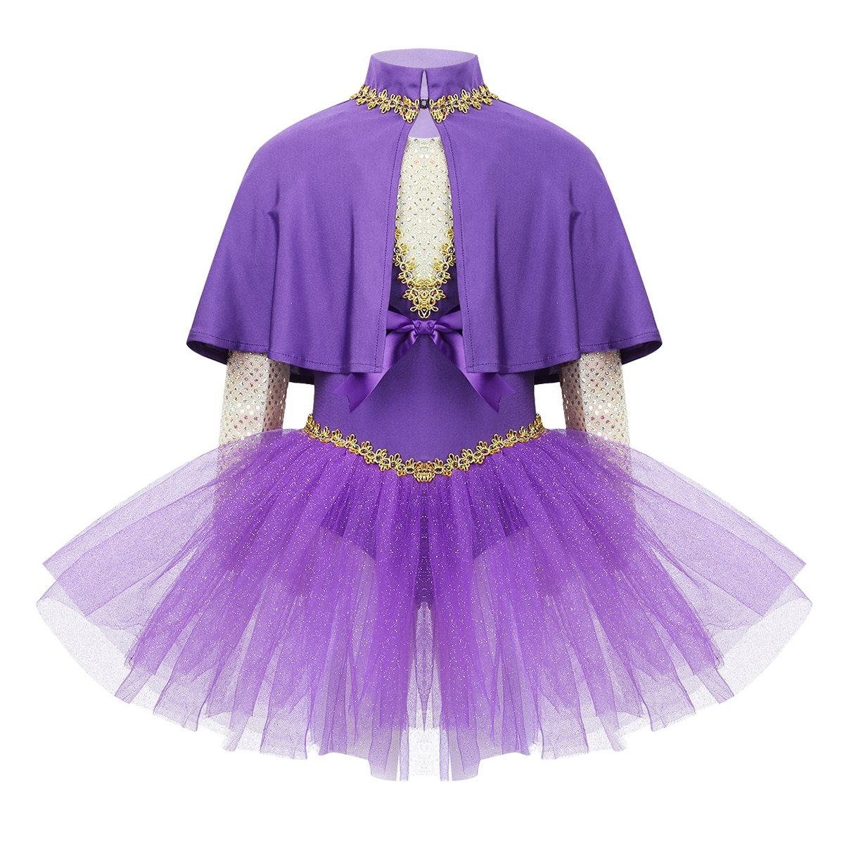 Kids Girls Halloween Showman Costumes Outfit Sequined Splice Bowknot Glitters Mesh Leotard Dress With Cape Arm Sleeves Set