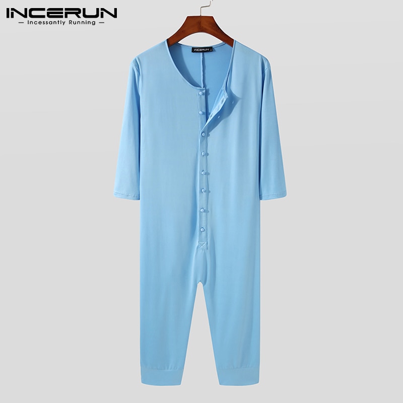 Men Pajamas Jumpsuits Solid Color Round Neck Half Sleeve Button Casual Homewear Cozy Calf Length Rompers Men Sleepwear INCERUN