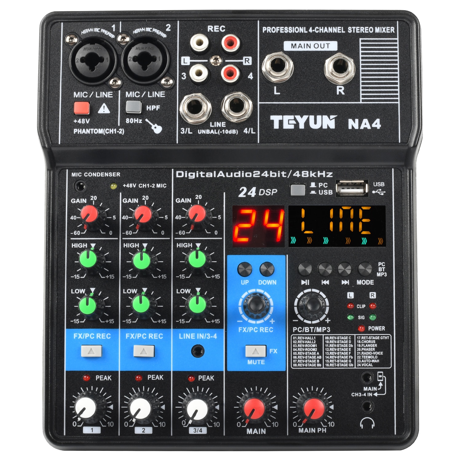 4 Channel Professional Sound Card Audio Mixer PC USB Play Record Playback Mini Mixing DJ Console Podcast Karaoke TEYUN NA4