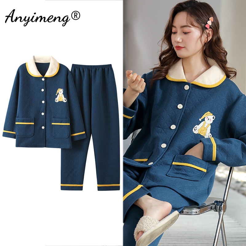 Fashion Girl Pj 3Layers 5XL Air Cotton Pajamas Set for Women Winter Thick Cardigan Home Clothing for Woman Comfy Pajama for Lady