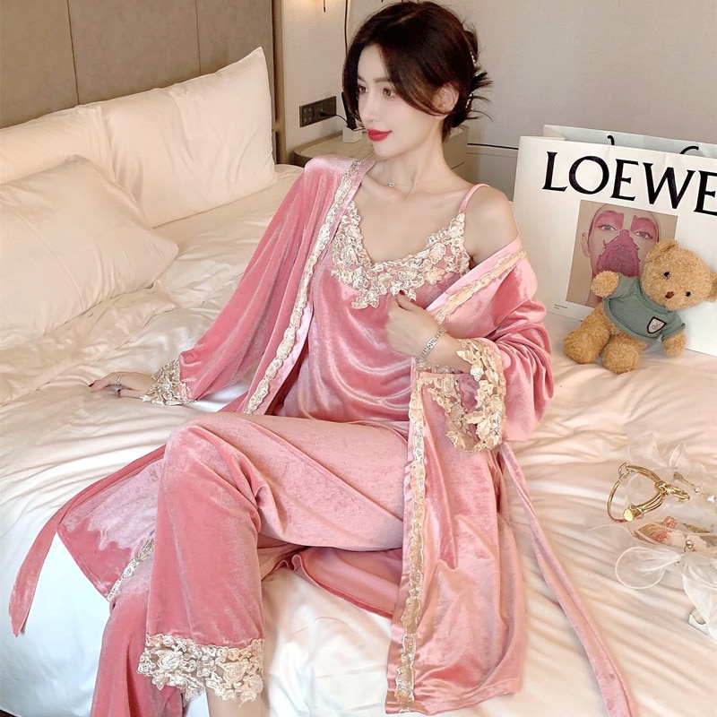 Women Autumn Winter Pink Velvet Pajamas Wedding Robe Set Sexy Lace Trim Pijamas Suit Lingerie Loose Home Clothes 3PCS Loungewear