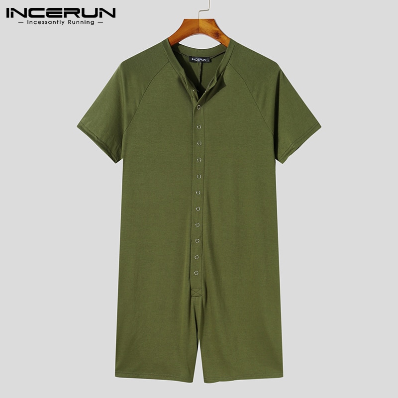INCERUN New Men's Fashion Casual Loungewear All-match Onesies Sexy Leisure Stretch Loose Buttons Soldi Color Jumpsuit S-5XL