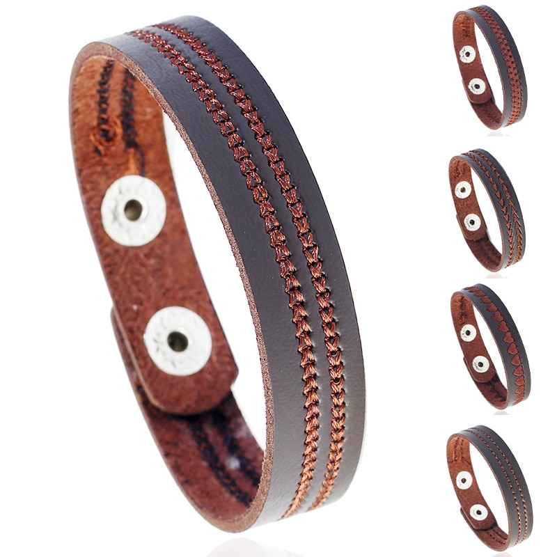 Fashion Multi Style Solid Black Brown Embroidered PU Leather Bracelets Male Female All-Match Wristband Bangles Punk Jewelry Gift