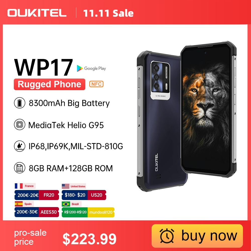 Oukitel WP17 Rugged Smartphone 8GB+128GB 6.78“FHD+ 8300MAH Android 11 Mobile Phone 64M+16M NFC Cell Phone
