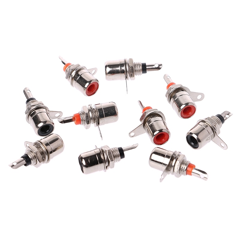 H4GA 10 Pcs Nickel Plated RCA Phono Chassis Panel Mount Female Socket Adapter Red+Black