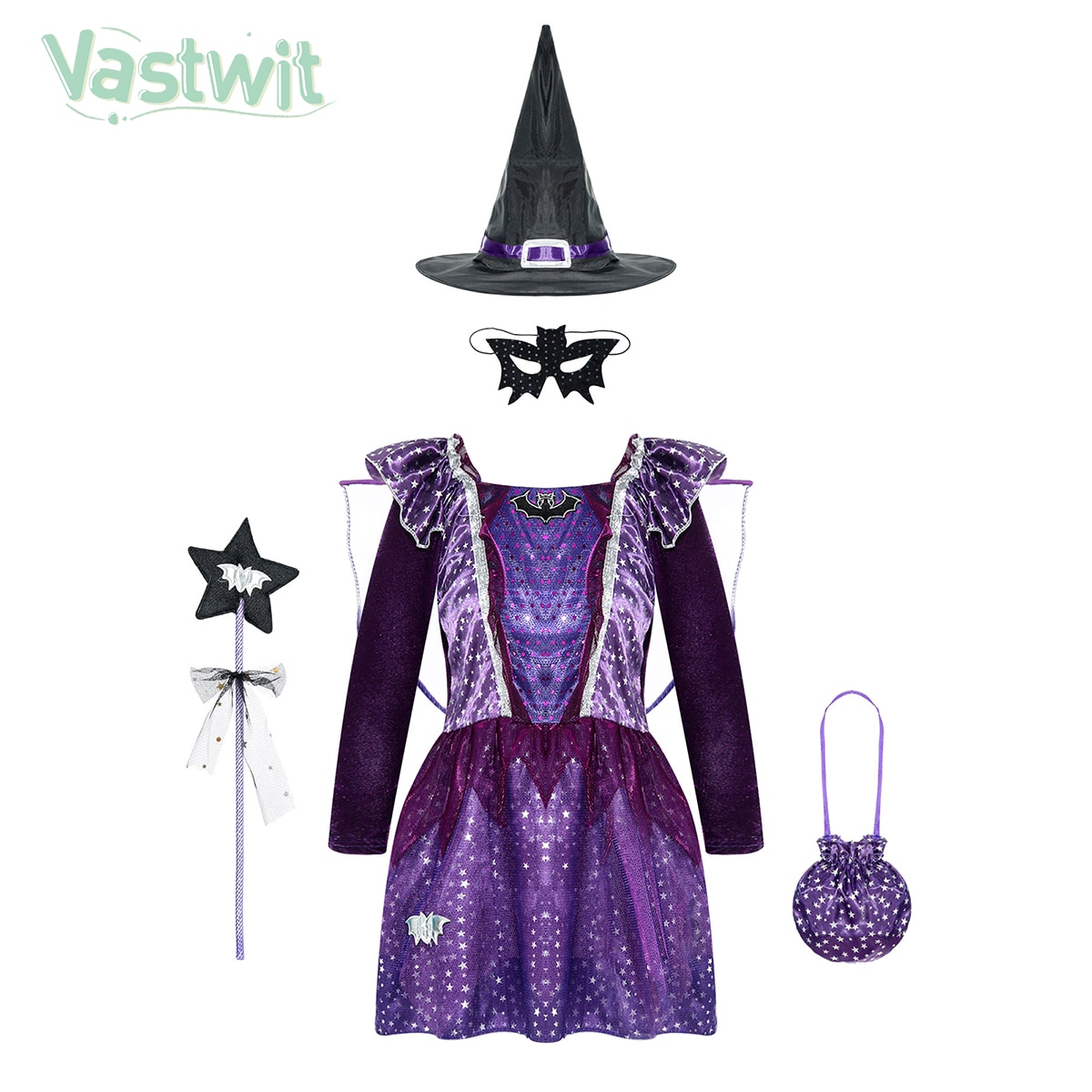 Kids Girls Witch Bat Costume Stars Printed Dress Wing Point Hat Mask Bag Fairy Wand Set Children Halloween Cosplay Dress Up