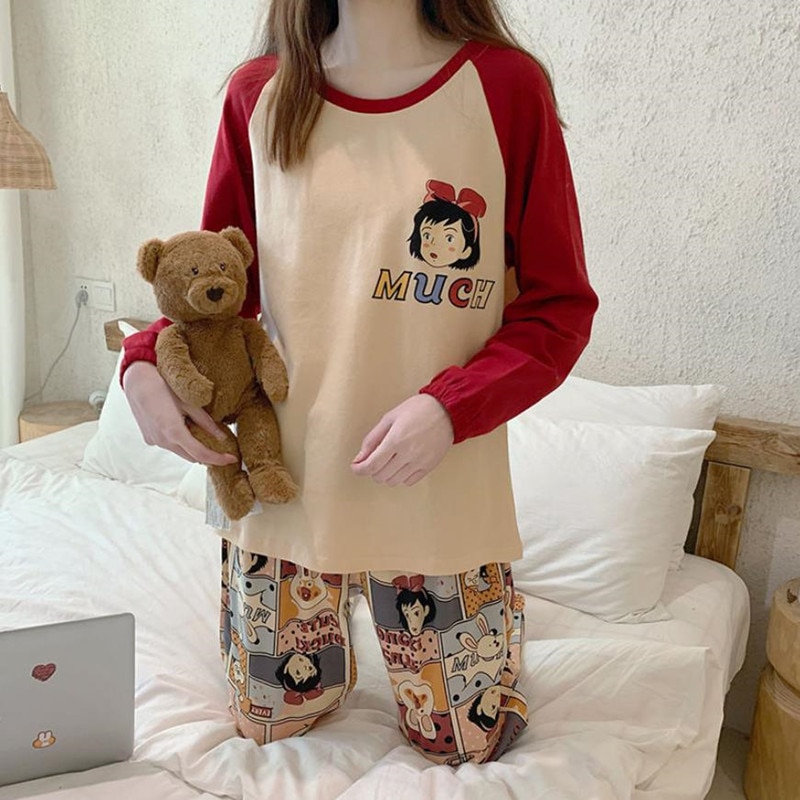 Japan Anime Pijama Mujer Long Sleeve Women Pajamas Set 2 Piece Home Clothes Kiki Delivery Service Sleepwear Casual Party Costume