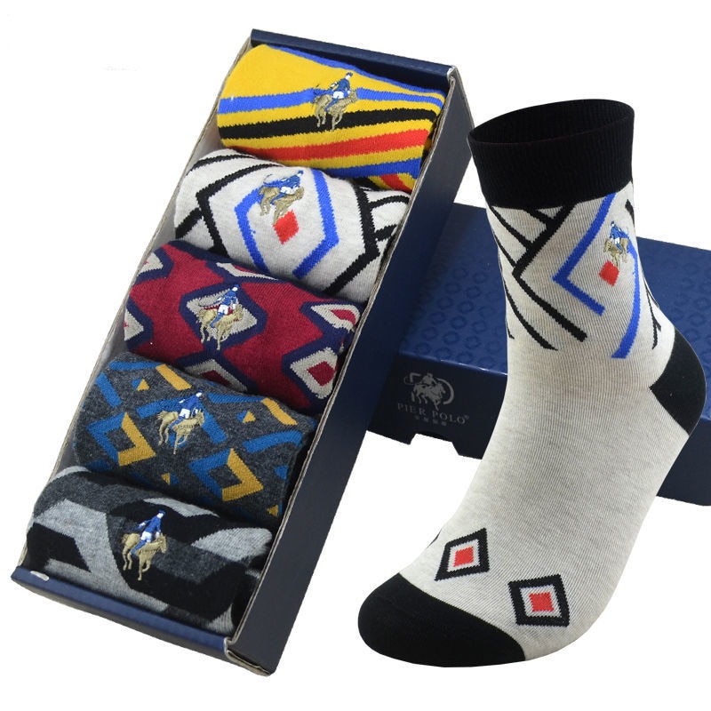 5 Pairs Autumn Winter Combed Cotton Men's Fashion Strip Trend Casual Tube British Style Jacquard Male Socks