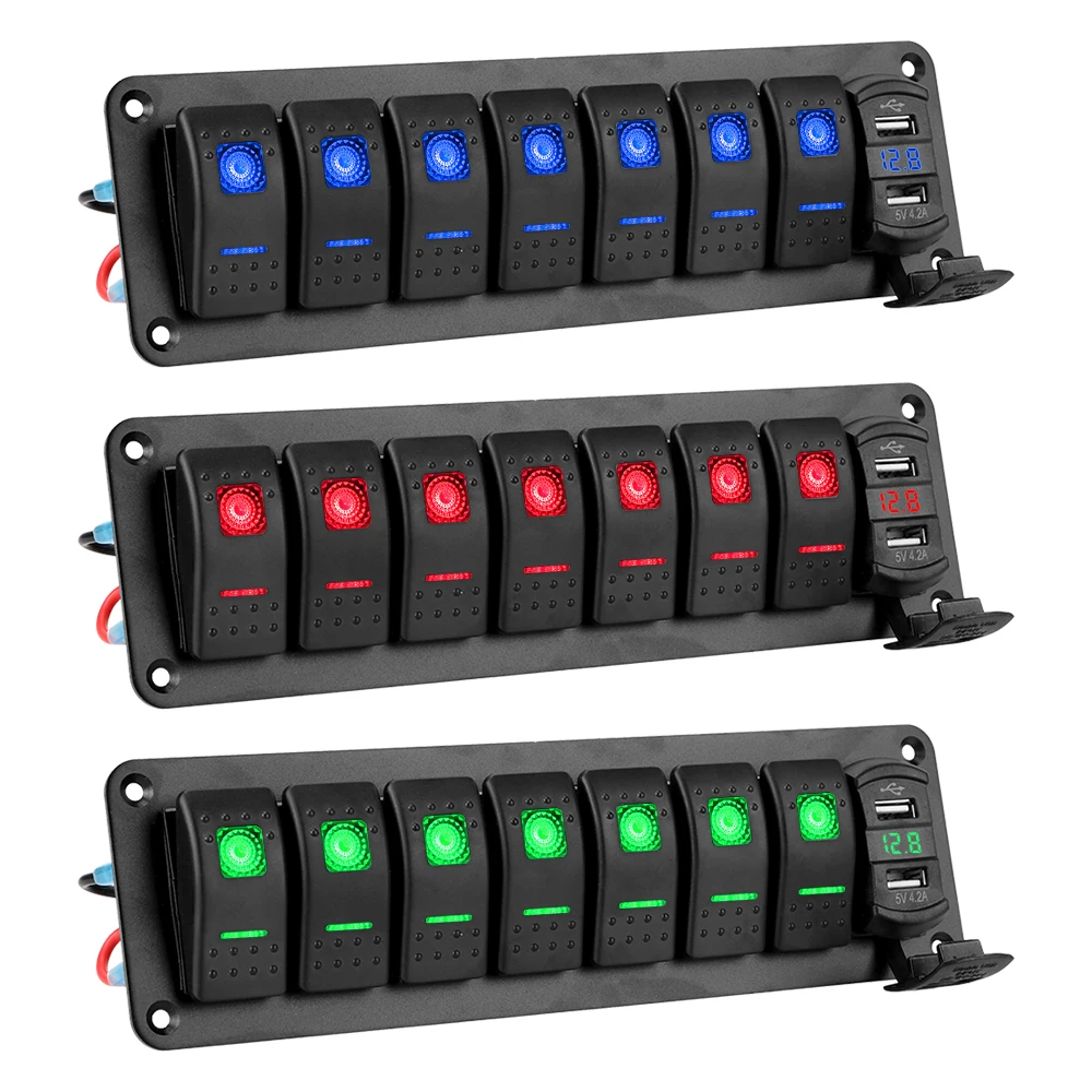 3/7 Gang Rocker Switch Panel 12V 24V Digital Voltmeter USB Chargers 3.0 Car Truck RV Boat Marine